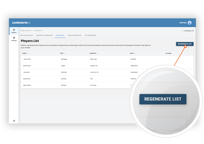 Build a players list with the legal AI engine at LexMateria.ai